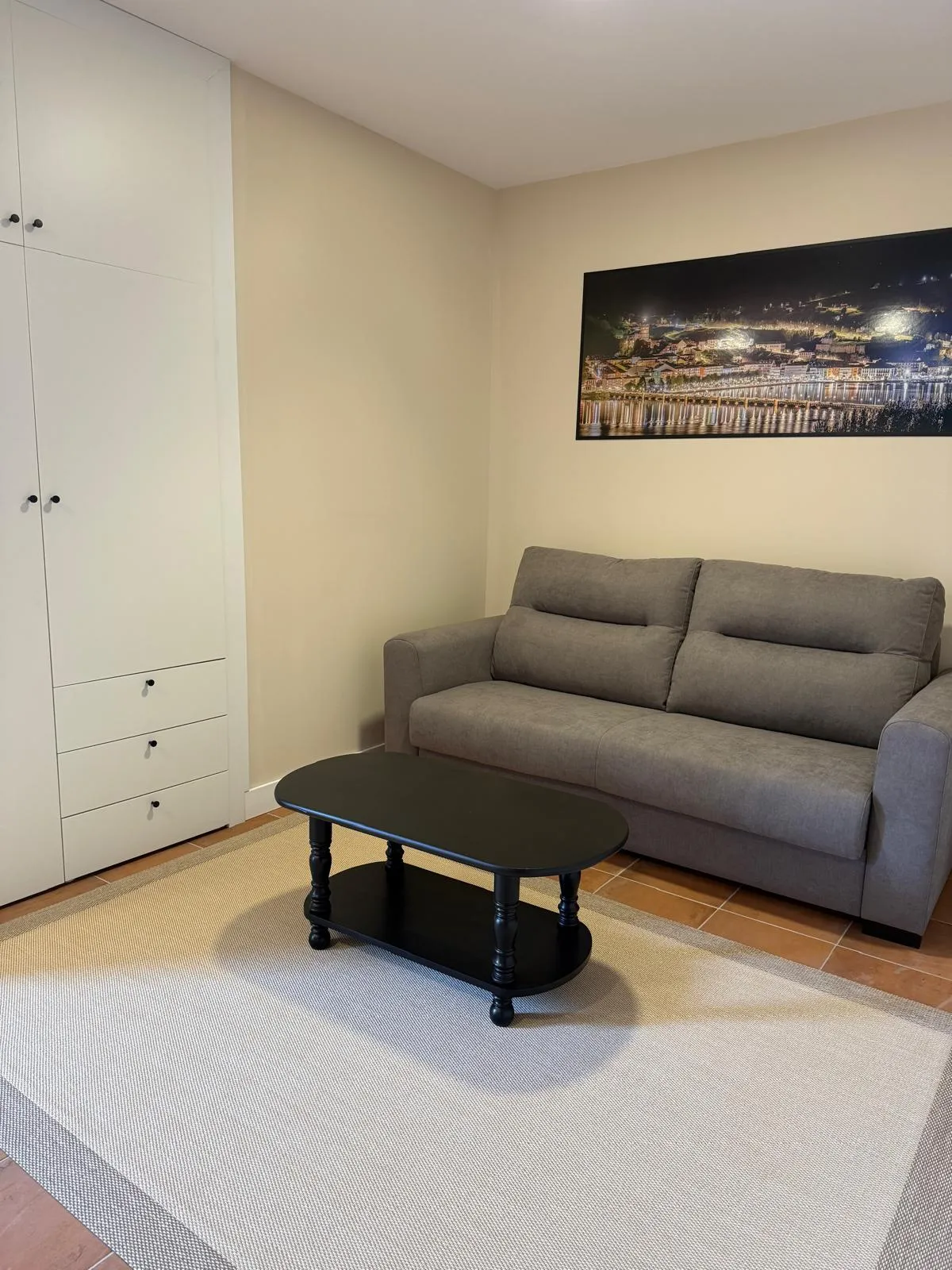 Apartment living room with sofa bed and wardrobe