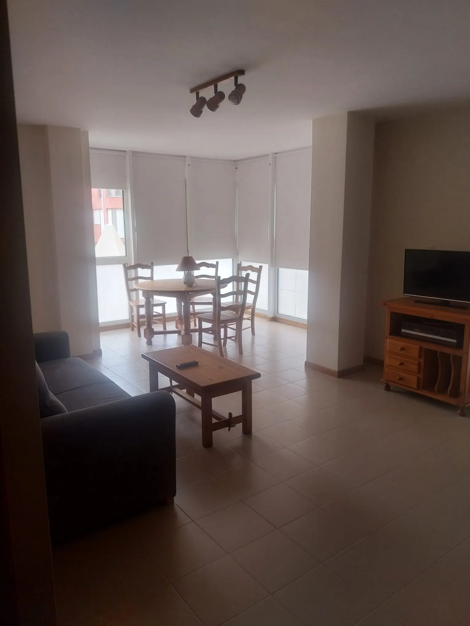 Living-dining room of the apartment with sofa, table and television