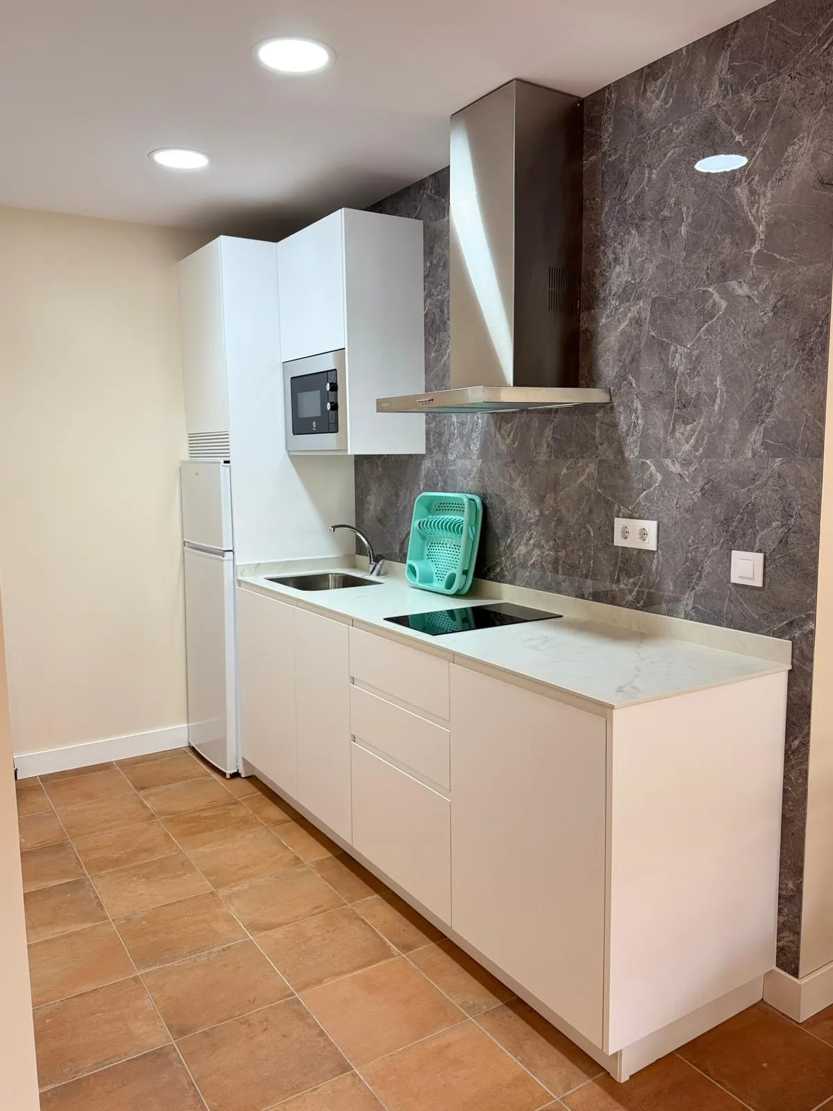 Cocina equipada con placa de inducción y campana extractora